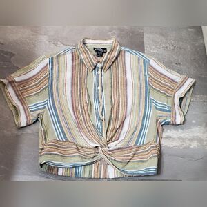 Angie Short Sleeves Crop Top Shirt. Multicolor Stripes. Twisted Front. Boho. L.